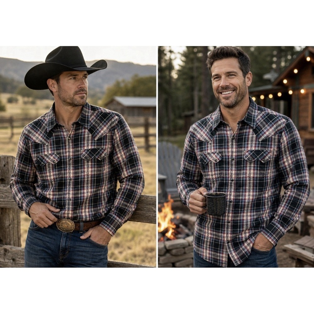 Moon Shine Spirit Shirt Mens M  Plaid Western Snap Flannel Button Up Cowboy